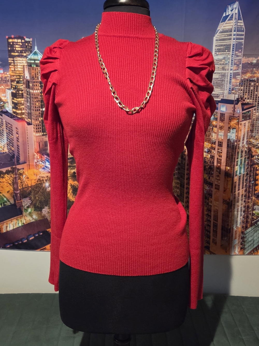 Red Ribbed Puff-Sleeve Mock Neck Sweater